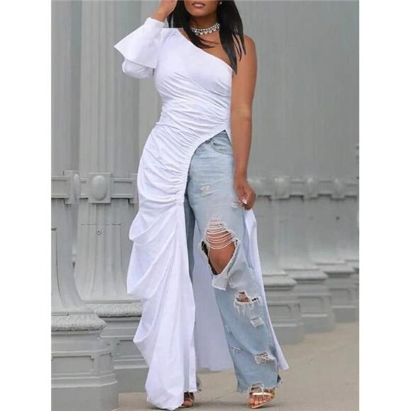 A Classy Chic Boutique Tops - Super Long Top With One Shoulder, Long Sleeve, High Side Slit, Ruched Waistband